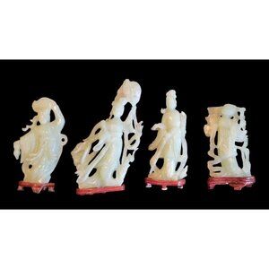 Set of 4 Vintage GESHIA's Asian Italy Green Jadeite Glass Figurines Wood Base